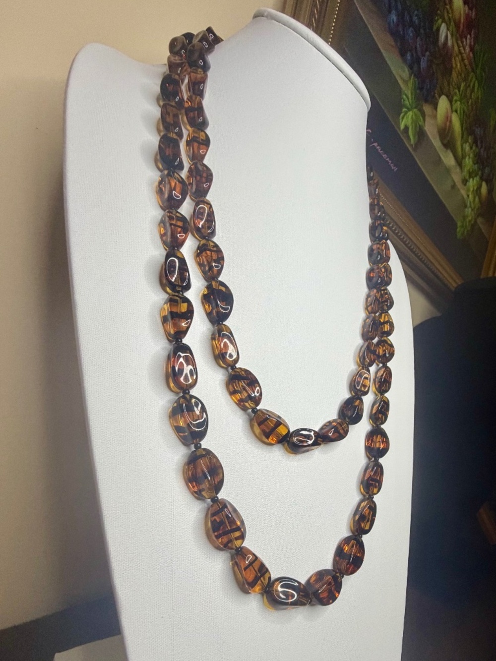 Vintage Amber Black Root Beer Glass Necklace 30" Drop VERY LONG - Picture 6 of 16